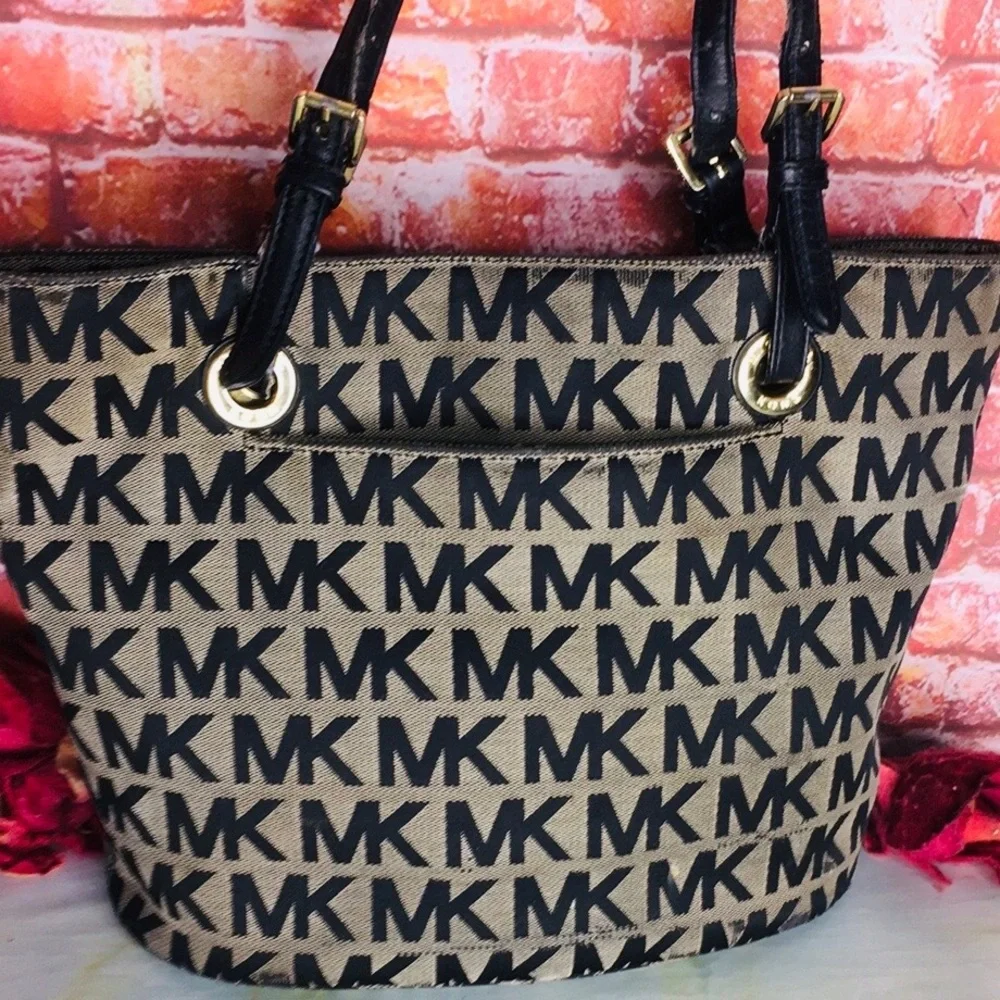 Michael Kors Black and Tan Canvas and LeatherJet Set Signature Logo Tote